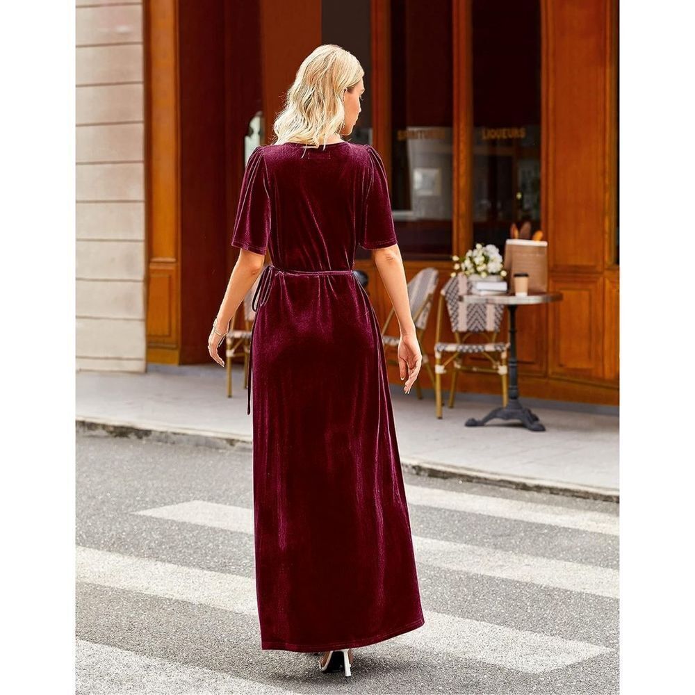 NEW MEROKEETY V Neck Wrap Velvet Maxi Dress Bridesmaid M - Picture 3 of 7